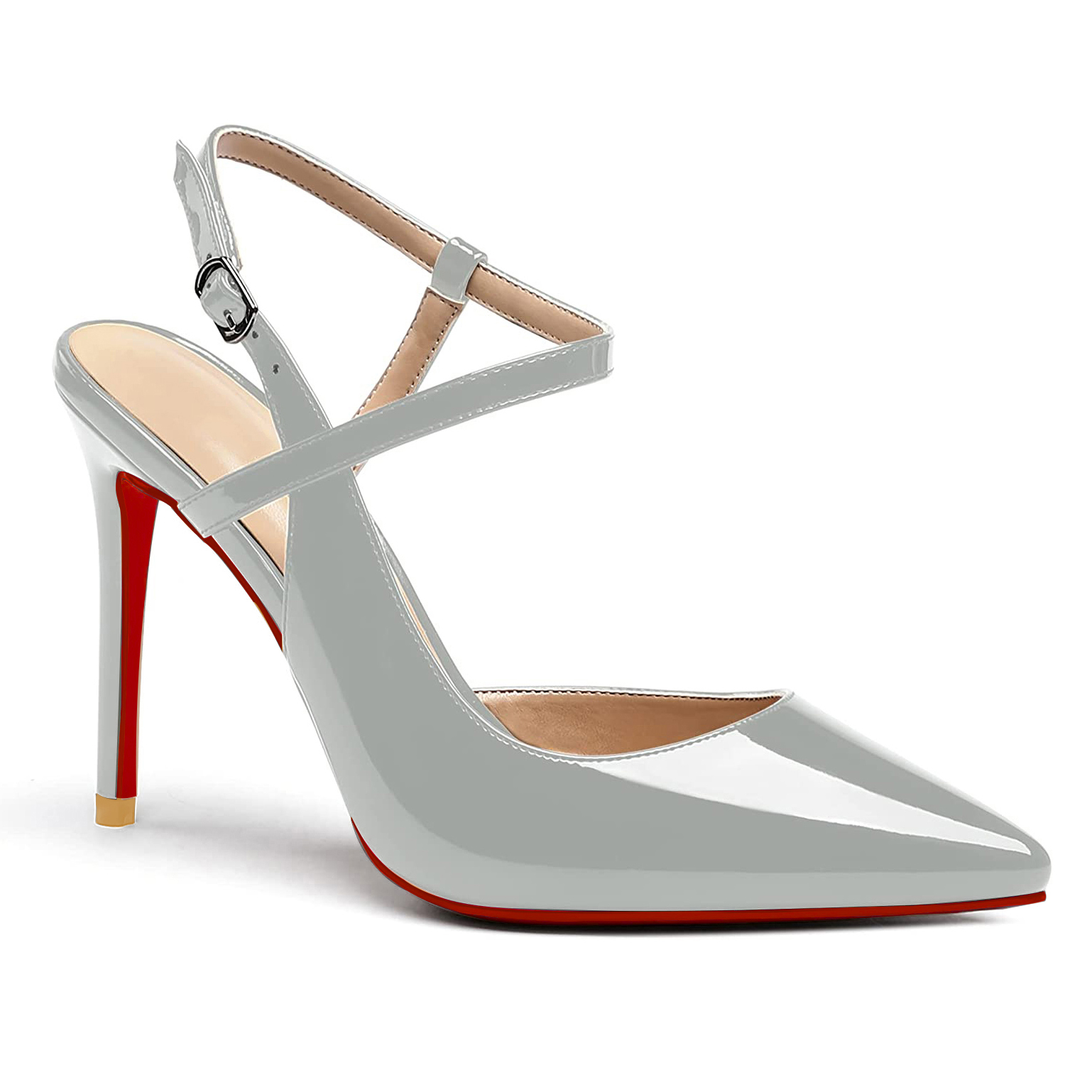 100mm Women Slingback Patent Pumps Ankle Strap Jenlove Stiletto Mid Heel Close Pointed Toe Dress Red Bottoms Shoes VOCOSI James Yang