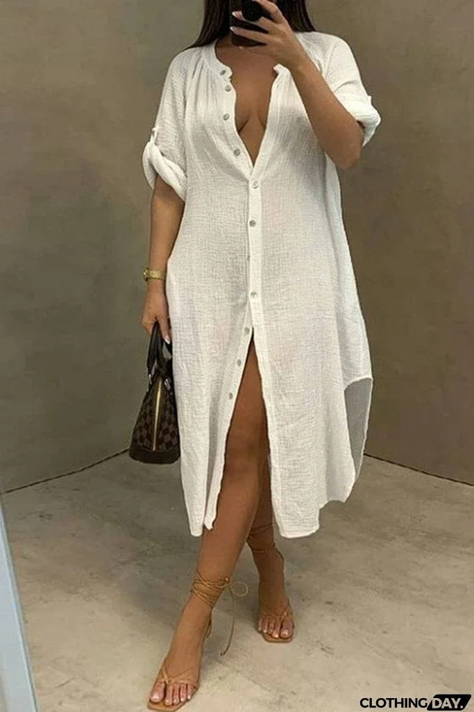 Solid Color Round Neck Button Up Dress