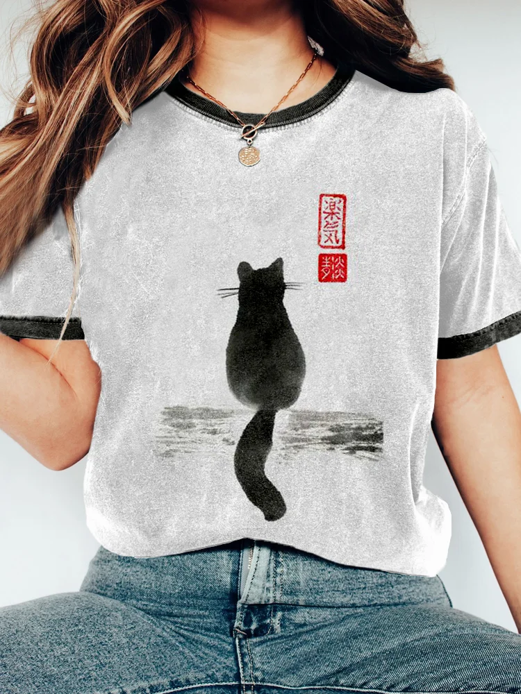 Wearshes Japanese Cat Art Crew Neck Vintage Washed T Shirt