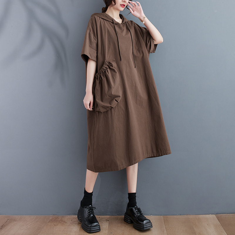 Loose Hooded Short Sleeve Midi Dress