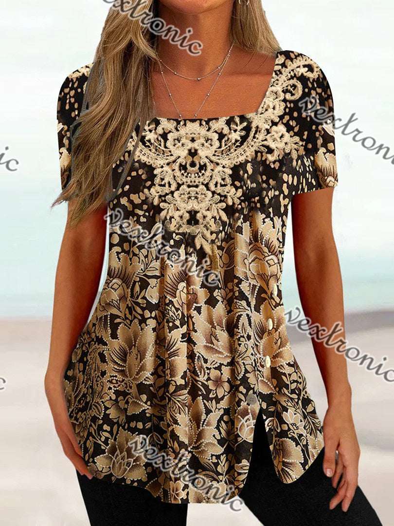 Women Short Sleeve U-neck Floral Printed Tops