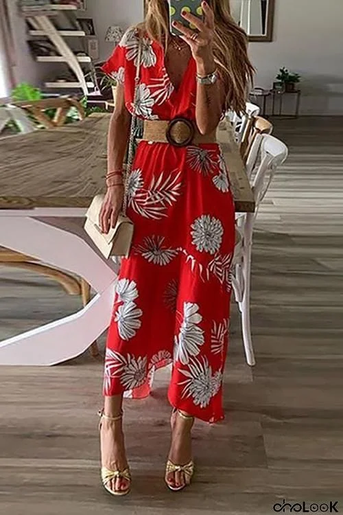 Floral Print V Neck Dress With Belt