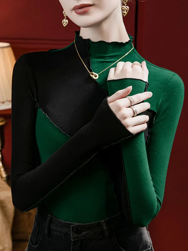 Contrast Color Ruffle Trim Split-Joint Long Sleeves Plus Size Mock Neck T-Shirts Tops