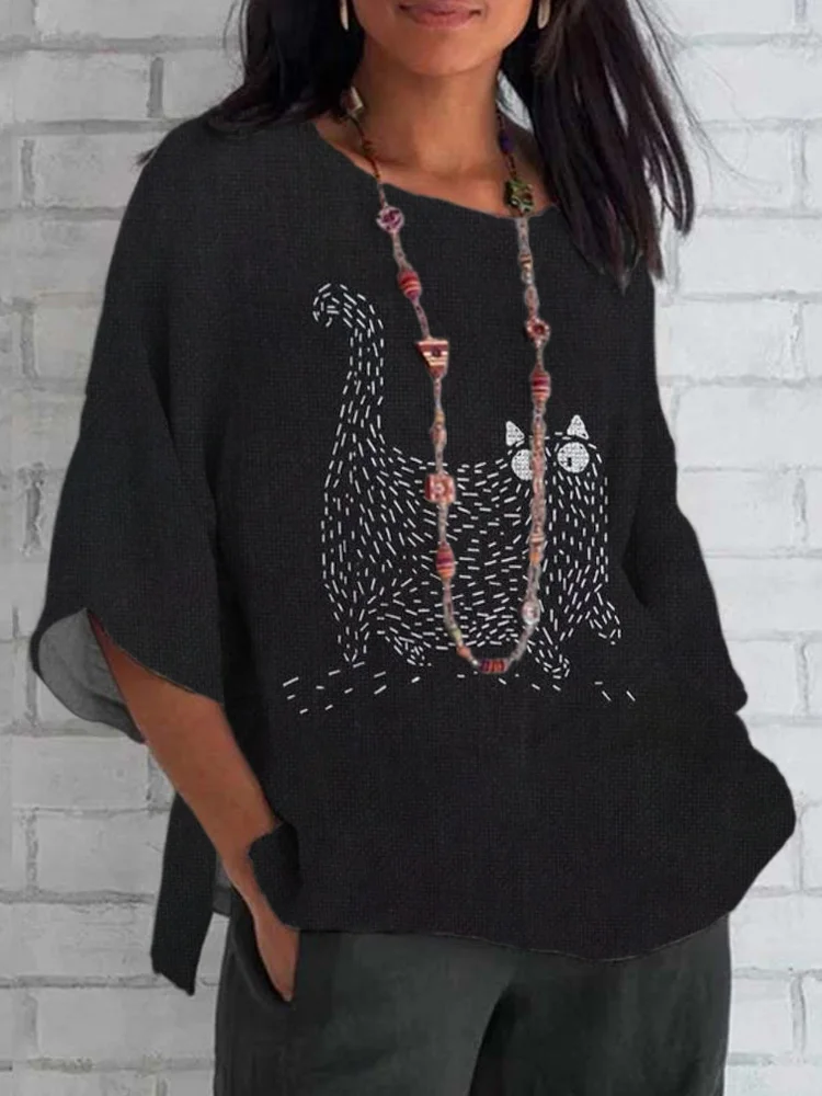 Cat Embroidered Thread Pattern Linen Casual Top