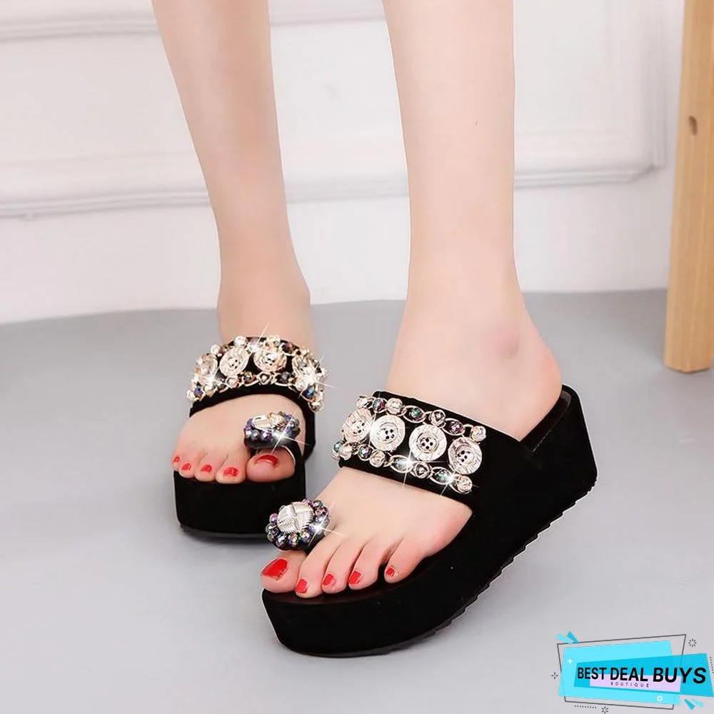 Women Crystals Platform Sandals Slippers Slides Rhinestones Beach Flip Flops