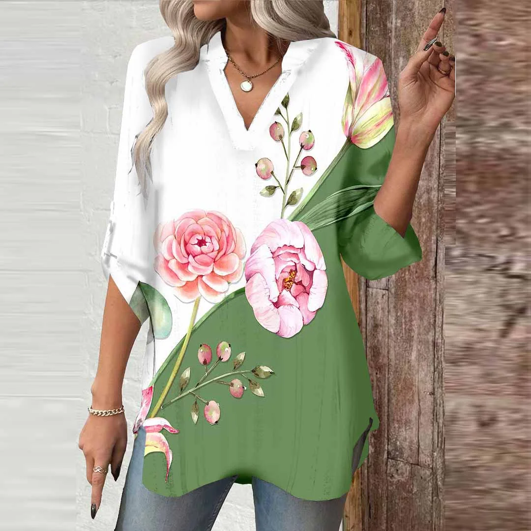 Women Floral, Green, Pink DZGA0744 3/4 Sleeve V-neck Printed Graphic Button Tops