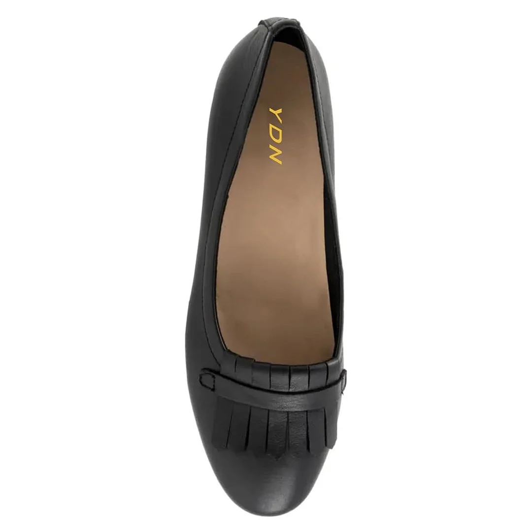 Women's Casual Black Round Toe Low Heel Pumps Shoes with Fringes