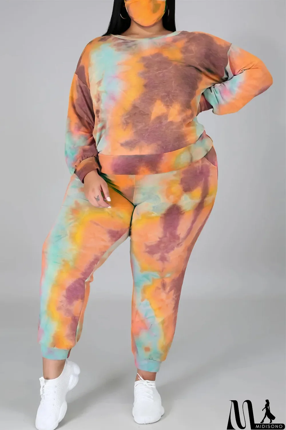 MidiSono - Multicolor Fashion Casual Print Tie Dye Backless O Neck Plus Size Two Pieces