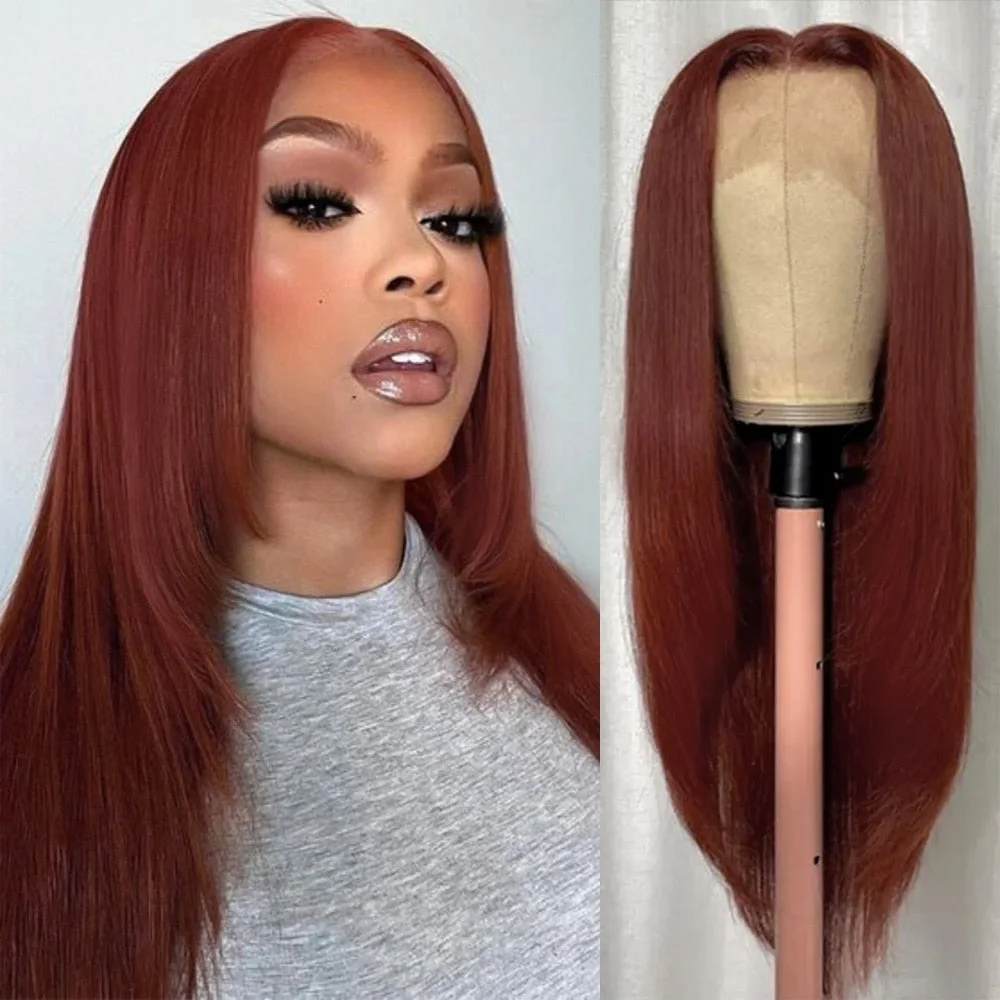 Xpoko Layered Cut Wig Reddish Brown 13x4 Synthetic Lace Front Wig For Women Straight Glueless Pre Plucked Hairline Cosplay Party Fiber