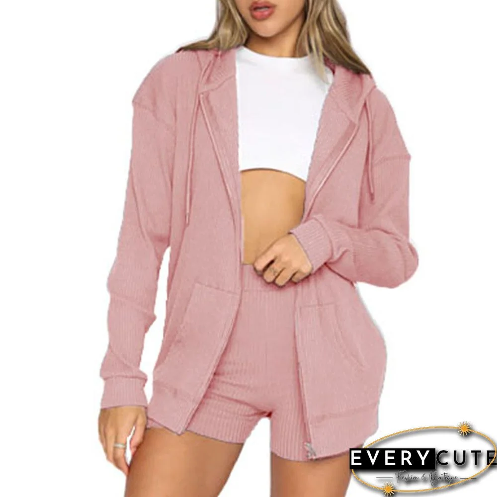 Pink Ribbed Zipper Hoodie with Shorts Lounge Set
