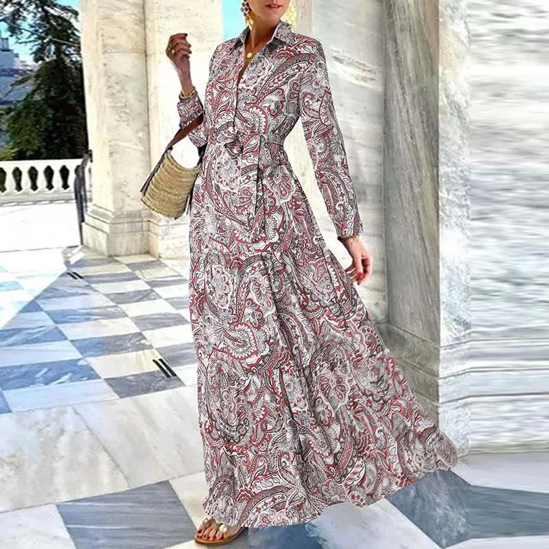 Women Elegant Lapel Maxi Long Shirt Dress Spring Casual Full Sleeve Party Sundress ZANZEA Vintage Lace Up Vestidos Oversize Robe