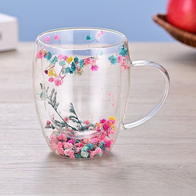 Double-layer Glass Quicksand Flower Cup Borosilicate Glass Double-layer Cup Breakfast Milk Coffee Cup Household Drinking Cup
