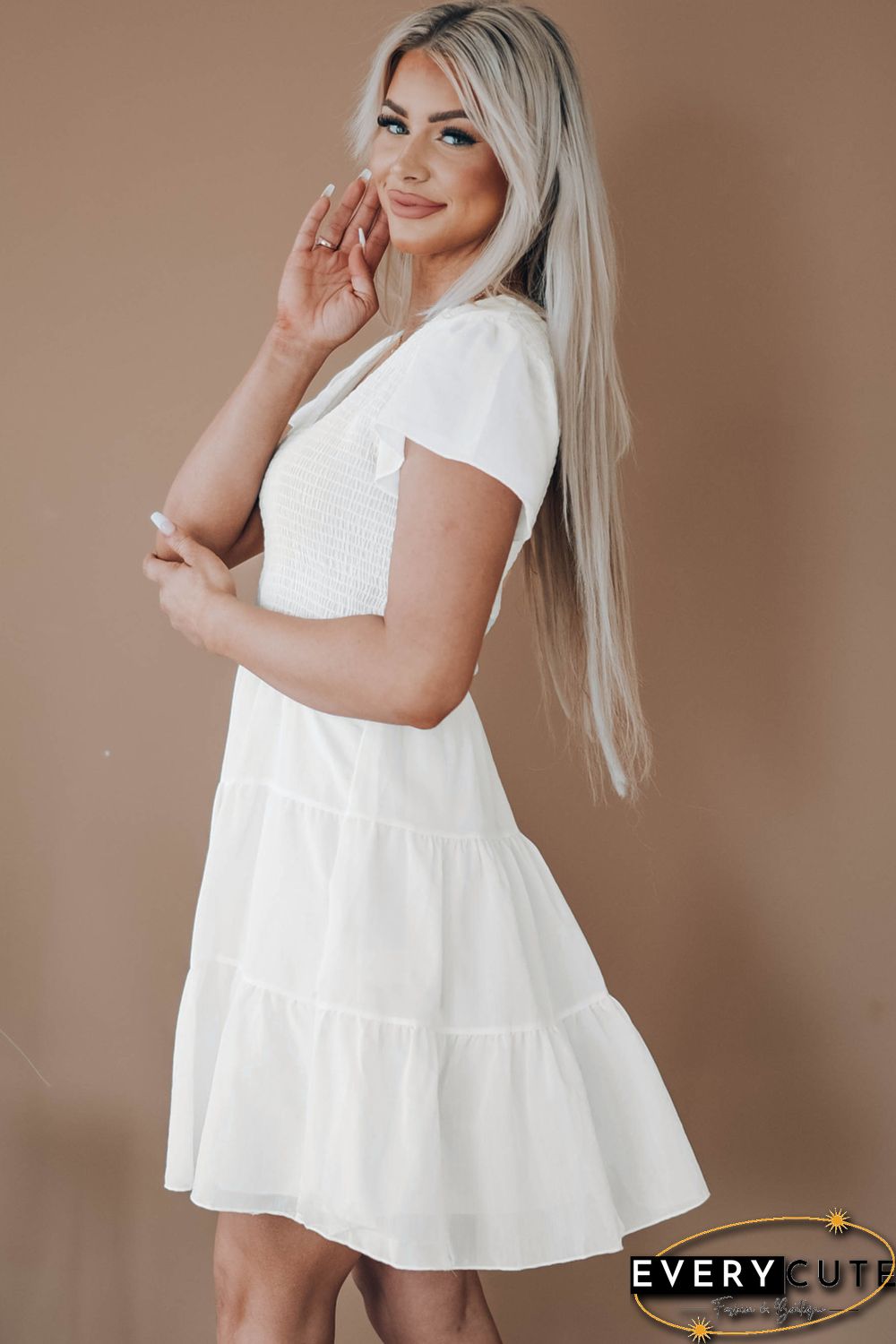 White Solid Smocked Short Sleeve V Neck Mini Dress