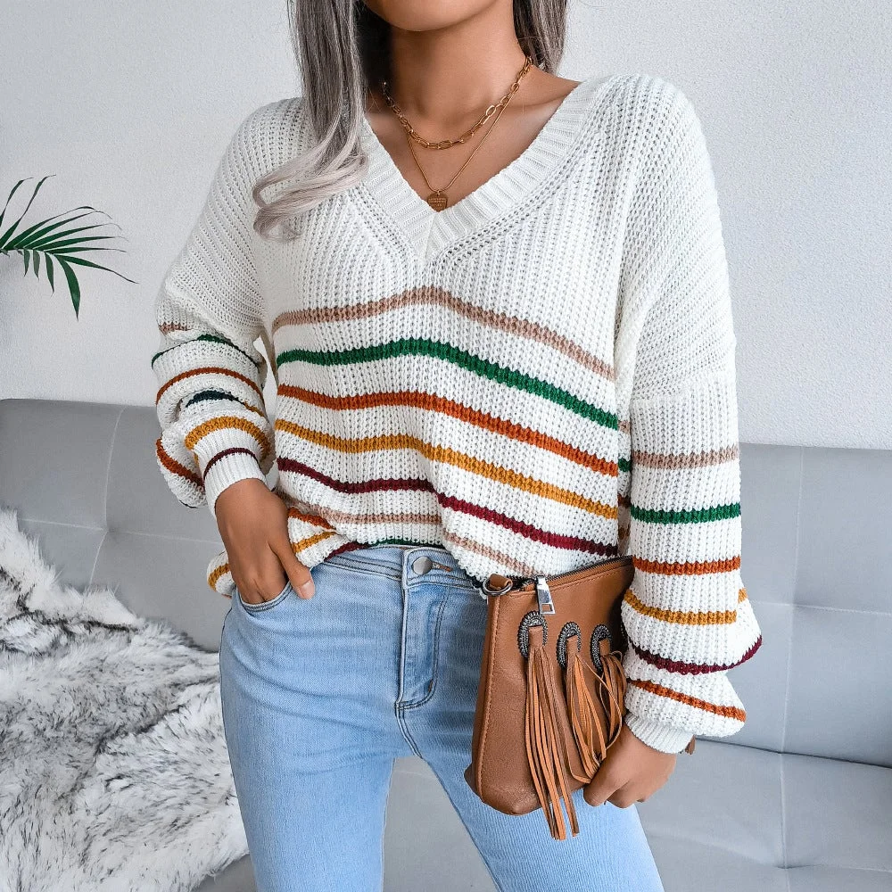 Women's V-neck Striped Casual Loose Sweater