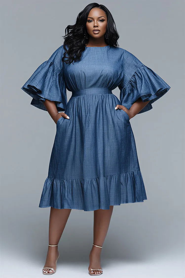 Xpluswear Design Plus Size Business Casual Casual Blue Round Neck Half Sleeve Pocket Ruffle Tencel Denim Midi Dresses [Pre-Order] 2024 - Xpluswear