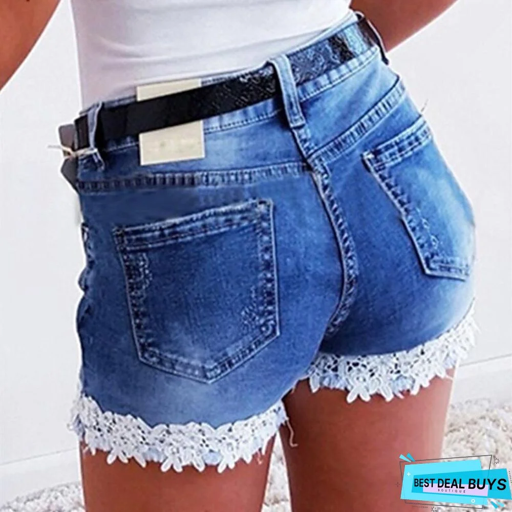 Women's Jeans Shorts Denim Light Blue Dark Blue Fashion Casual Daily Lace Side Pockets Micro-elastic Short Comfort Plain S M L XL XXL / Slim