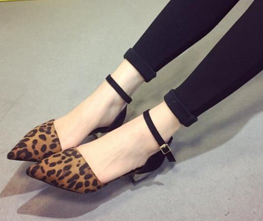 Leopard Print Shoes Ankle Strap Chunky Heels Closed Toe Sandals|FSJshoes