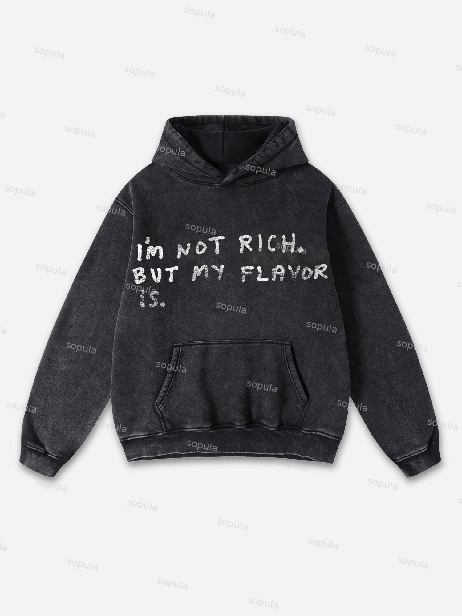 I'm Not Rich Washed Distressed Pocket Hoodie - Sopula｜Premium Graphic Tees & Graphic Clothing