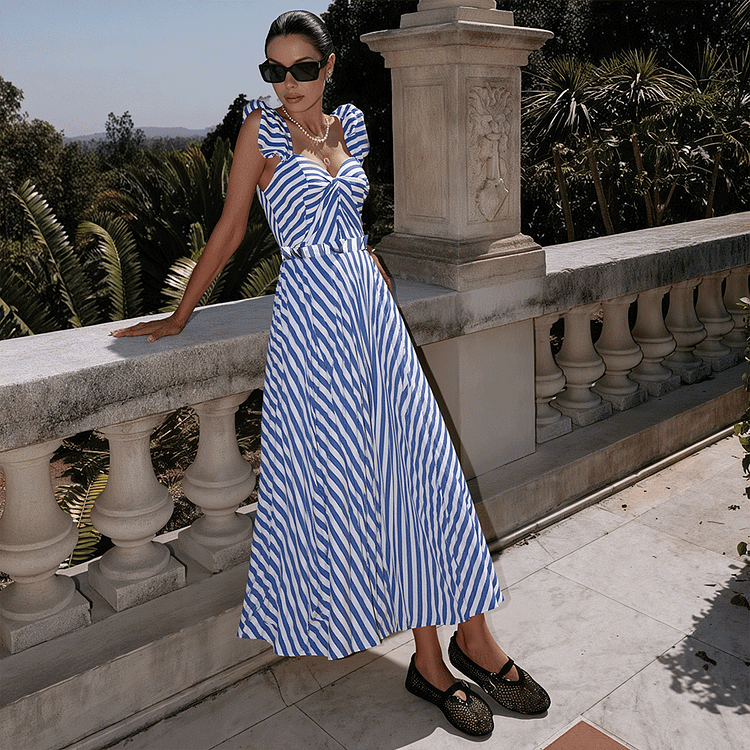 Ruffle Striped Print One Piece Swimsuit and Skirt