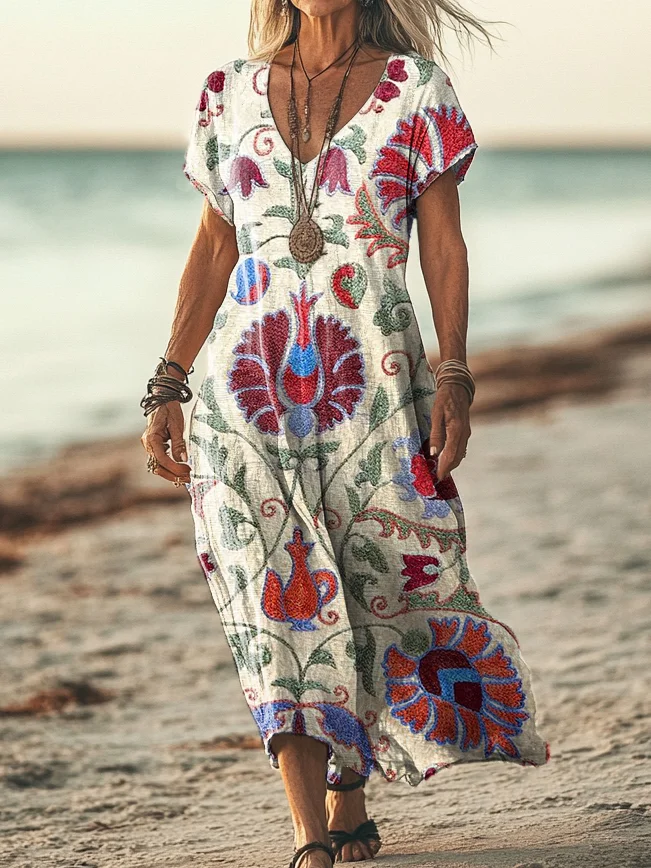 Women's Retro Flower Print Pocket Cotton Dress