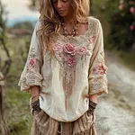 Bohemian Style Pink Floral Embroidered Casual Round Neck Top - Image 2
