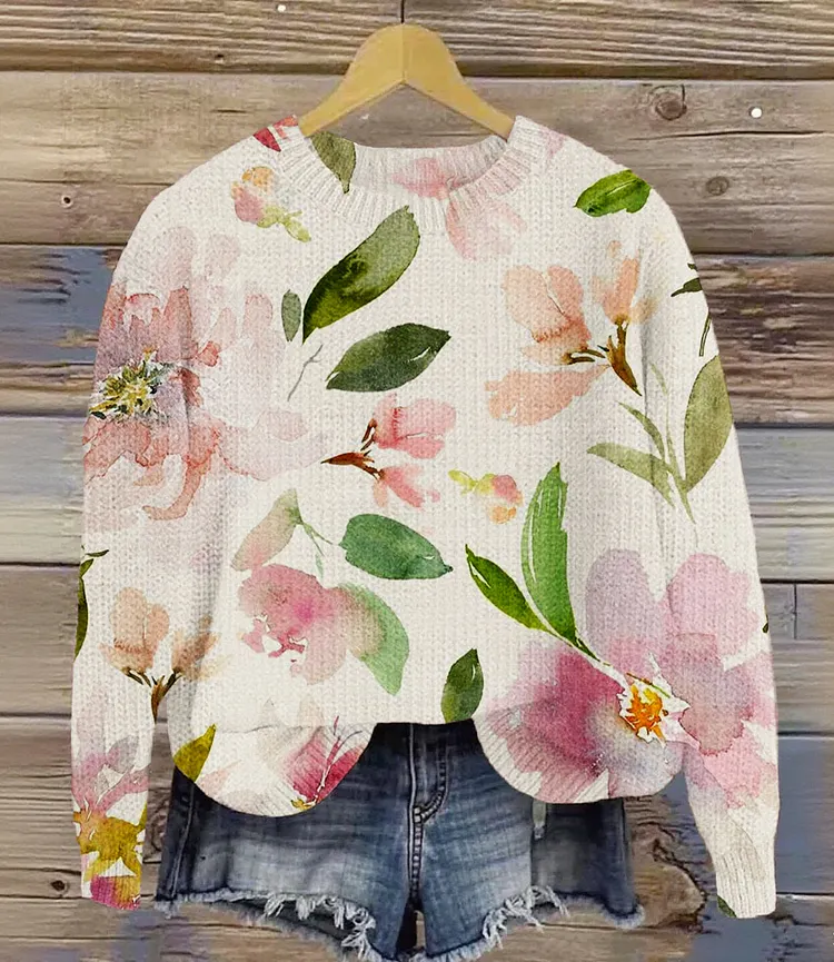 Vintage Lovely Flower Art Print Knit Pullover Sweater