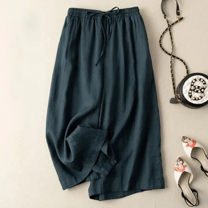 Dropping cotton and linen cropped wide-leg pants