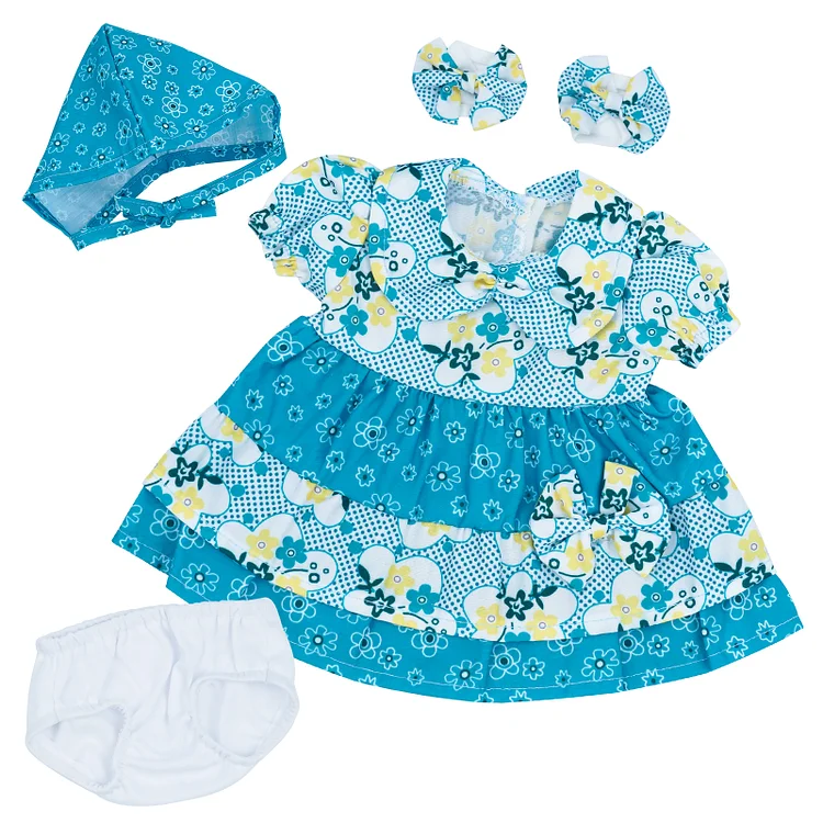  For 17"-22" Reborn Baby Girl Doll Blue Flower Dress Clothing 4-Pieces Set Accessories - Reborndollsshop®-Reborndollsshop®