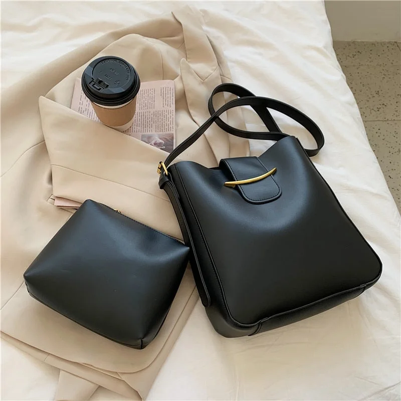 2 Pcs/set Vintage Simple Small PU Leather Bucket Crossbody Bags For Women 2022 Designer Lady Luxury Black Shoulder Handbags