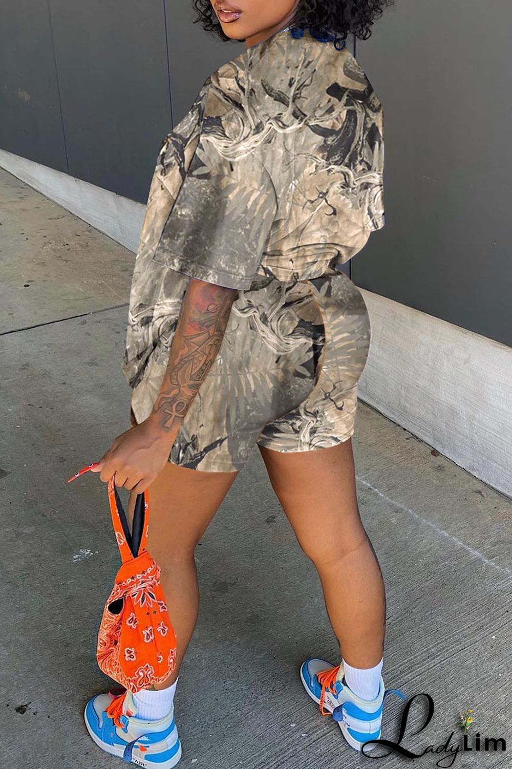 Army Green Casual Print Patchwork O Neck Short Sleeve Two Pieces