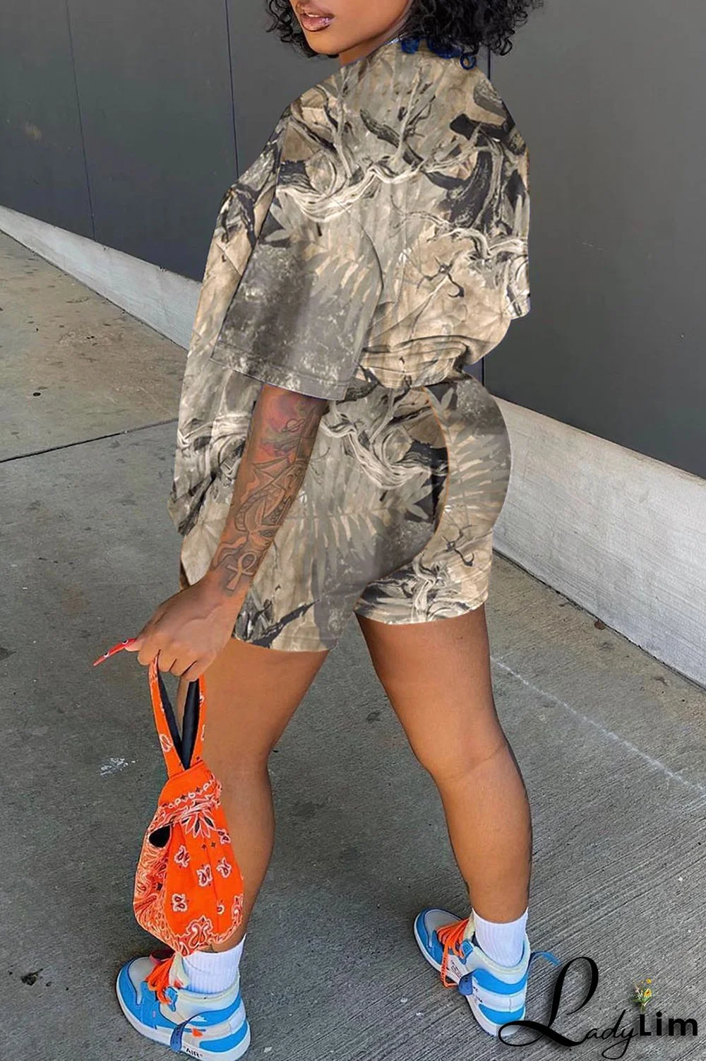 Army Green Casual Print Patchwork O Neck Short Sleeve Two Pieces