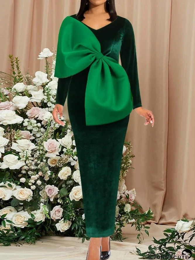 Dresses V-Neck Velvet Bow Long Sleeve Party Dress for Women