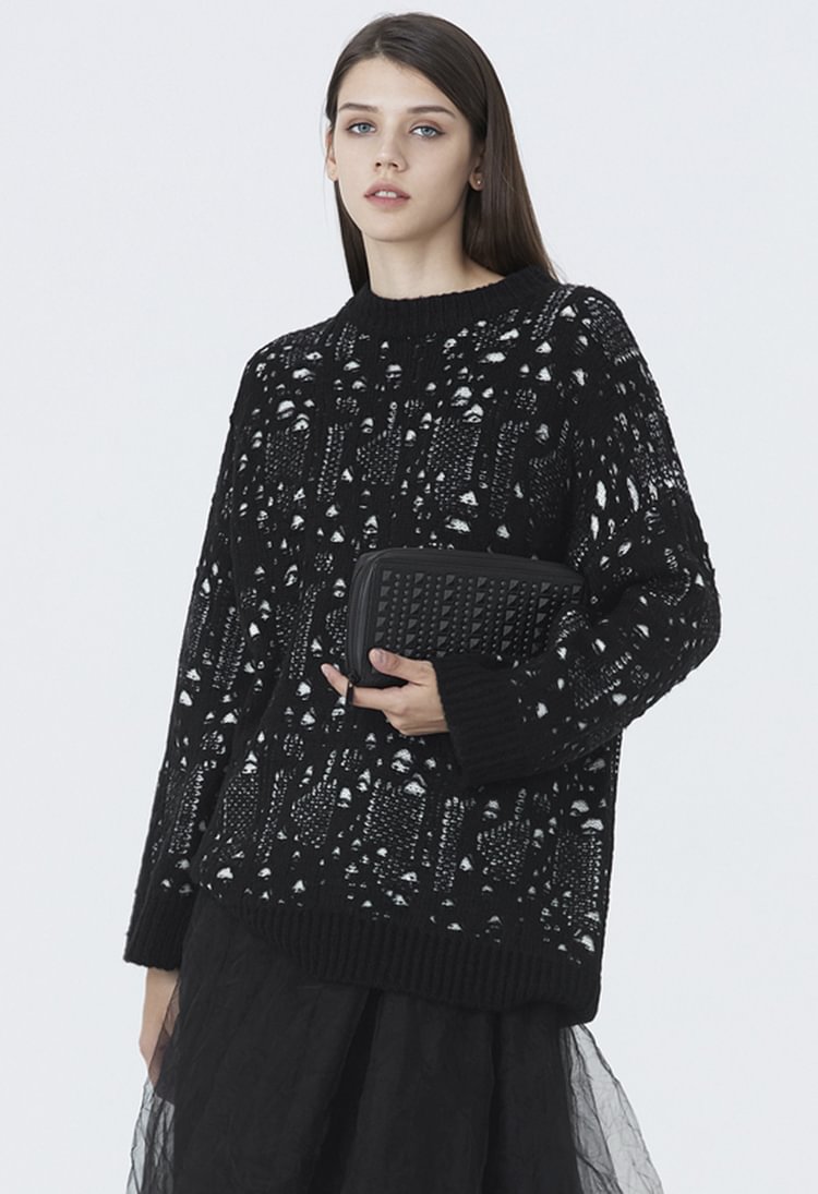 SDEER Ribbed Crew Neck Openwork Knitted Sweater