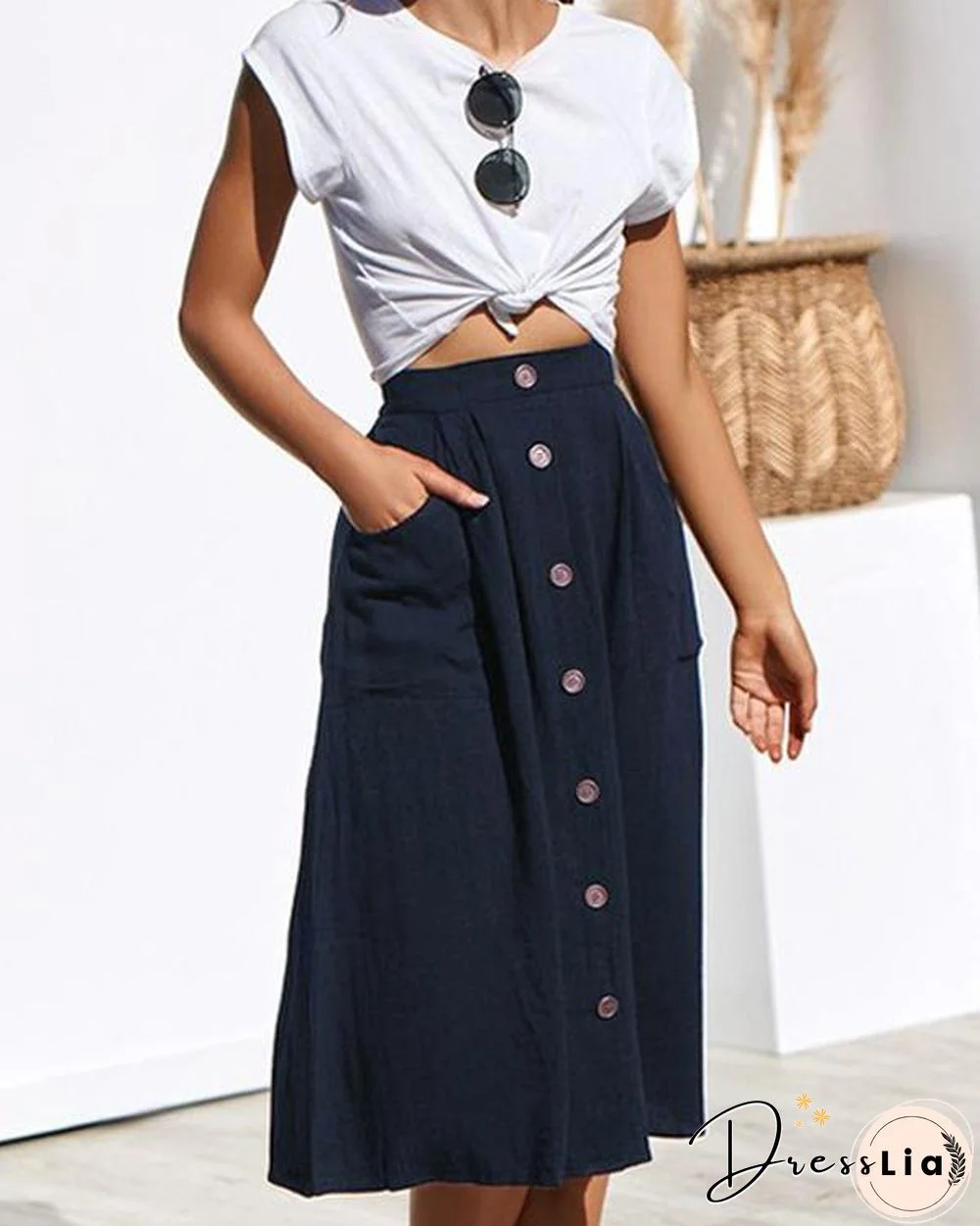 Women's Casual Solid Button Front High Waist A Line Midi Skirt