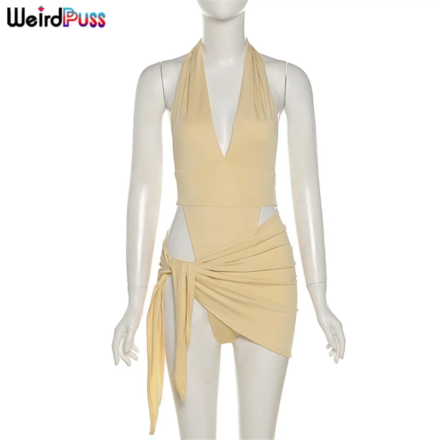 Weird Puss Sexy Hollow Out Summer Women 2 Piece Set Halter Bodysuit+Bandage Mini Skirt Vacation Party Fashion Clubwear Outfits