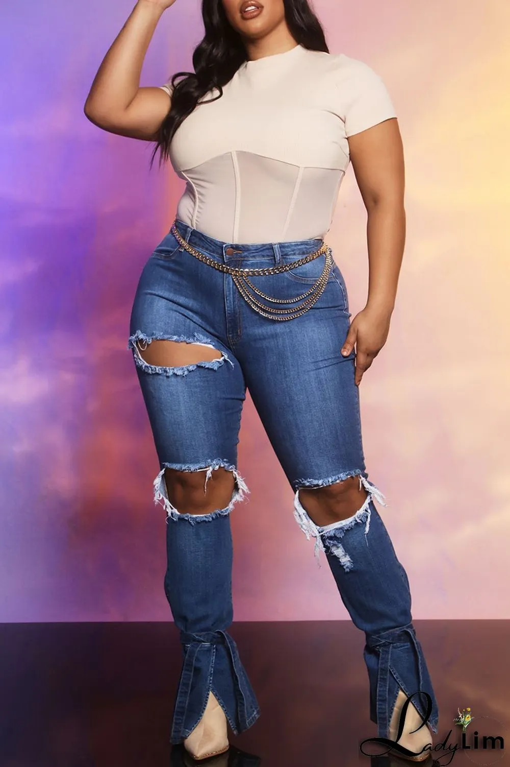 Blue Fashion Casual Solid Ripped Slit Mid Waist Regular Denim Jeans