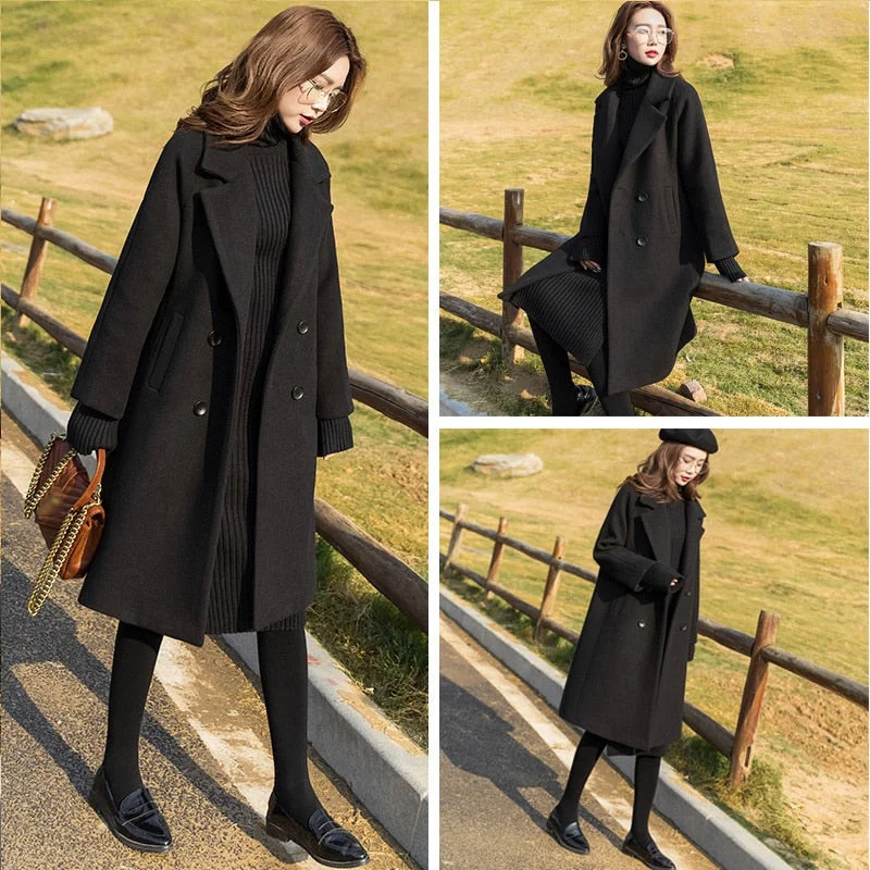 Net Red 2021 New Fahsion Autumn And Winter Black Hepburn Tweed Coat Women's Middle Long Thickened And Slim Tweed Coat