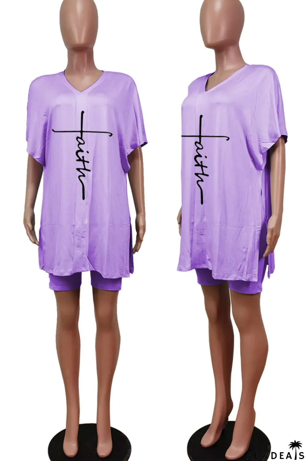 Tangerine Red Casual Print Split Joint V Neck Short Sleeve Two Pieces