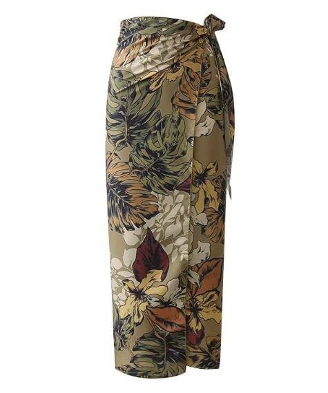 Sexy Flower Leaves Print Bow Tie Sashes Wrap Skirt Vintage Women High Waist Slim Fit Mid-Calf Long Pencil Skirts Holiday