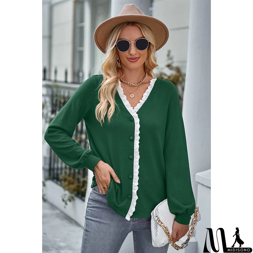 MidiSono - Front Open Button Lace Trim Fit V Neck Top