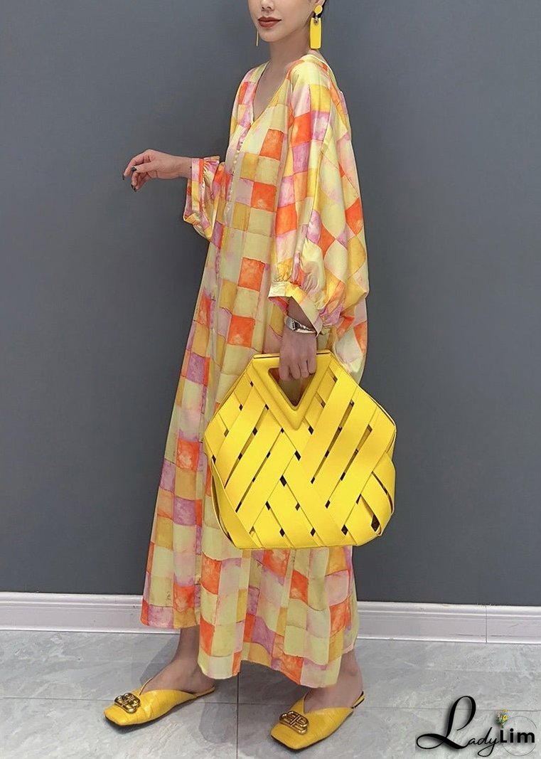 Chic Yellow V Neck Plaid Silk Long Dress Lantern Sleeve
