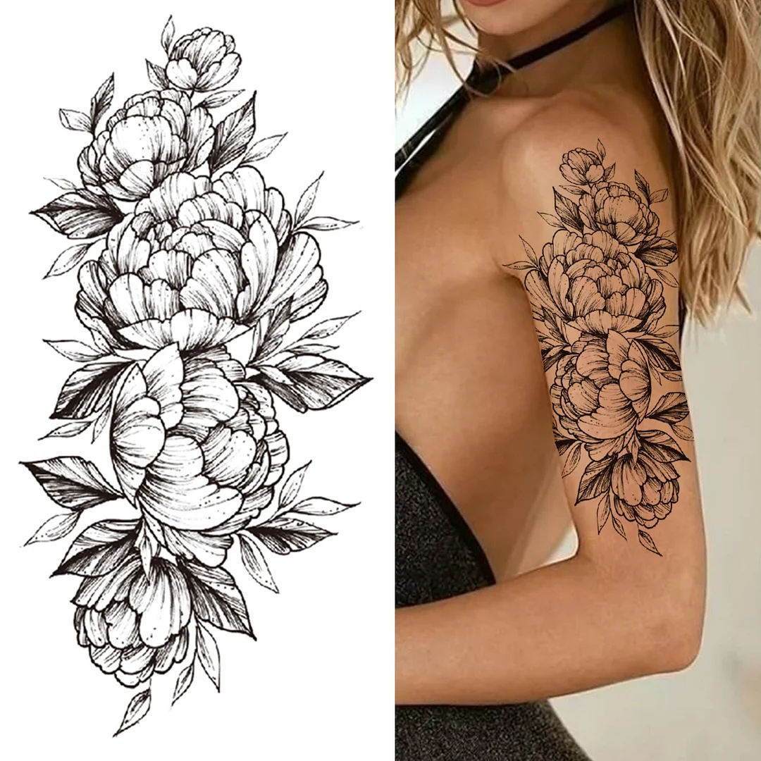 Large Death Skull Snake Flower Temporary Tattoos For Women Men Adult Skeleton Fake Rose Tattoo Sticker Black Peony Body Tatoo
