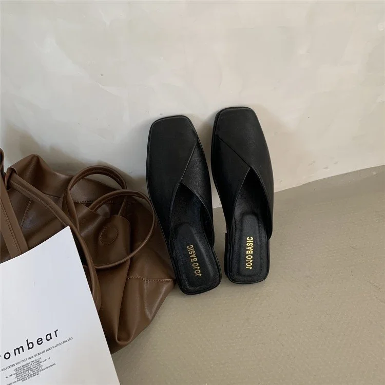 Wongn Wongn Lazy Slippers Korean Version Of Fashion Square Head Baotou Half Drag Without Heel Flat Sandals Women's Shoes