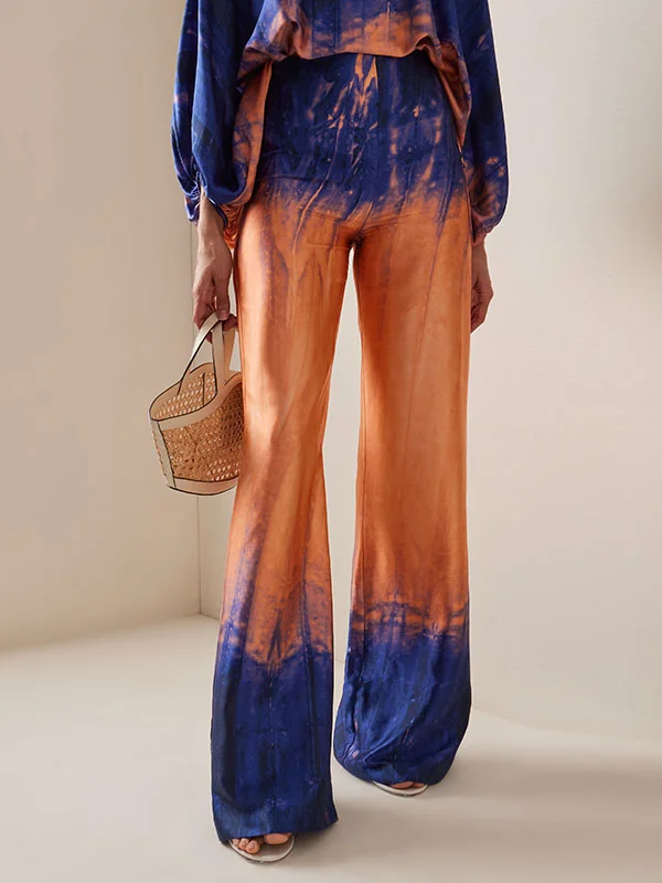 High Waisted Loose Contrast Color Gradient Split-Joint Tie-Dyed Pants Trousers