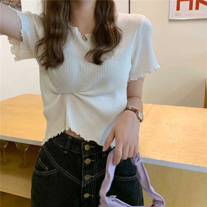 T-shirts Women Summer Lovely Korean Preppy Style Basic Edible Tree Fungus Sweet Girl Solid Tops Thin Knitted Short Sleeve Skinny