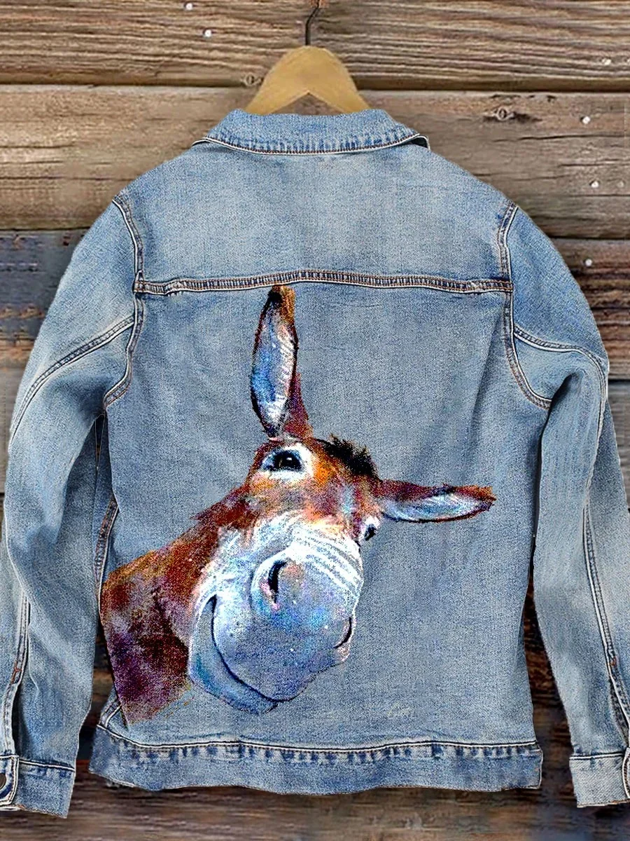 Eagerlys Funny Donkey Art Print Casual Denim Jacket Eagerlys