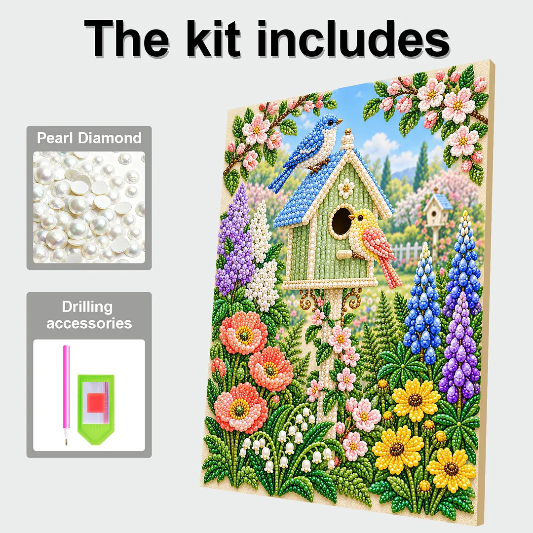 Pearl Painting Kit for Adults Floral Bird Framed Wall Art 11.81x15.75in