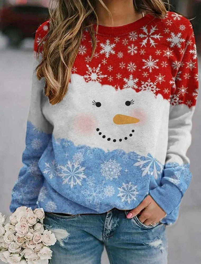 Snowflake Snowman Print Color Block Christmas Sweatshirt