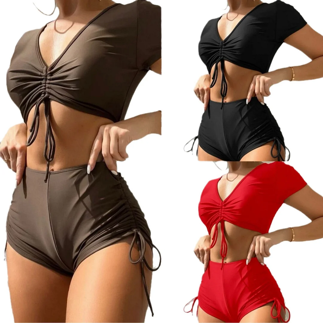 Uveng 2022 New Split-Skinned Draw-Folding Rope Solid-Color Swimsuit Bikini