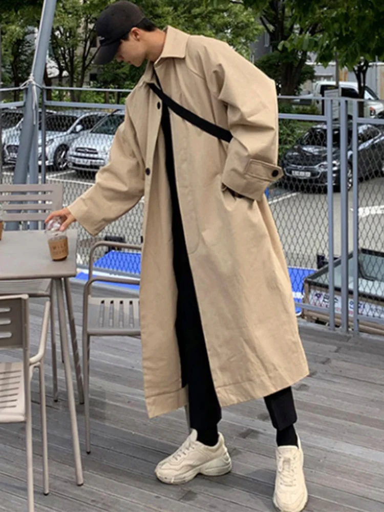 Aonga Spring Autumn Long Oversized Black Khaki Trench Coat Men Raglan Sleeve Single Breasted Loose Casual Korean Fashion aonga